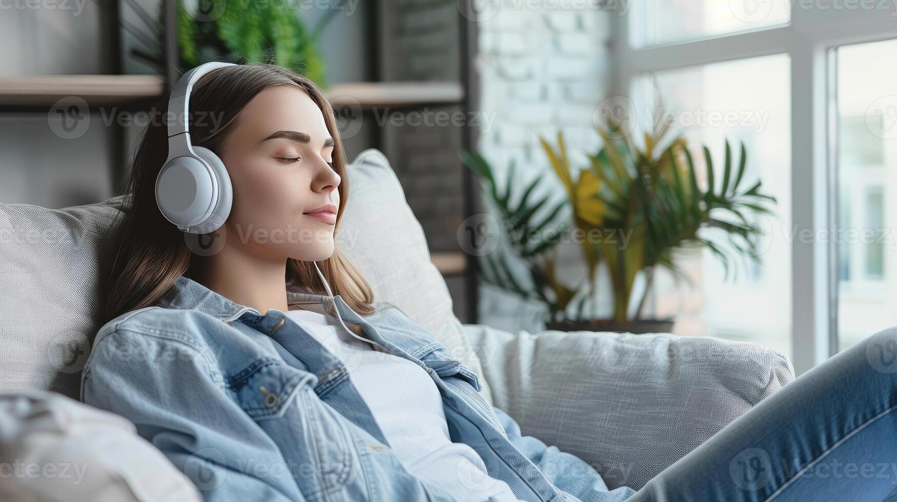 Relaxed young woman listening to music with headphones while lying on sofa at home photo