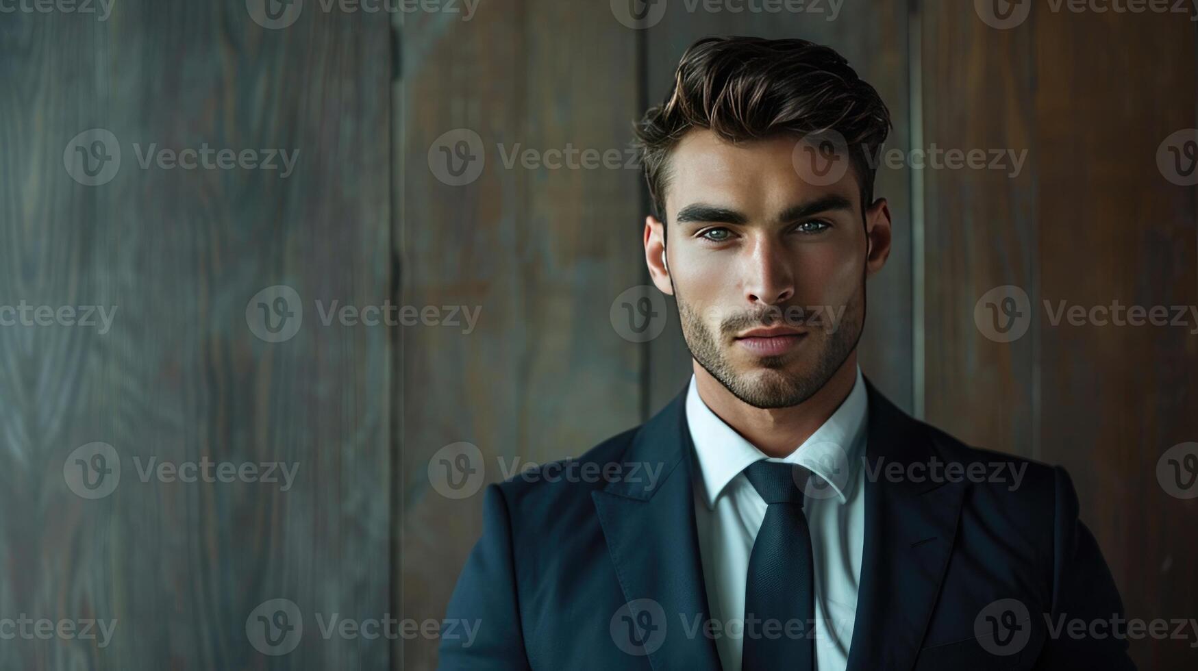 Portrait of handsome businessman in suit looking at camera while standing in office photo