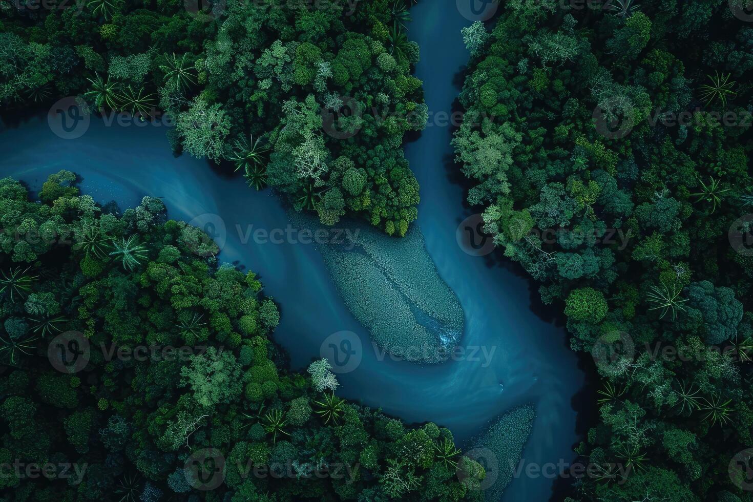 Aerial view of the river flowing through the forest. Beautiful nature landscape photo