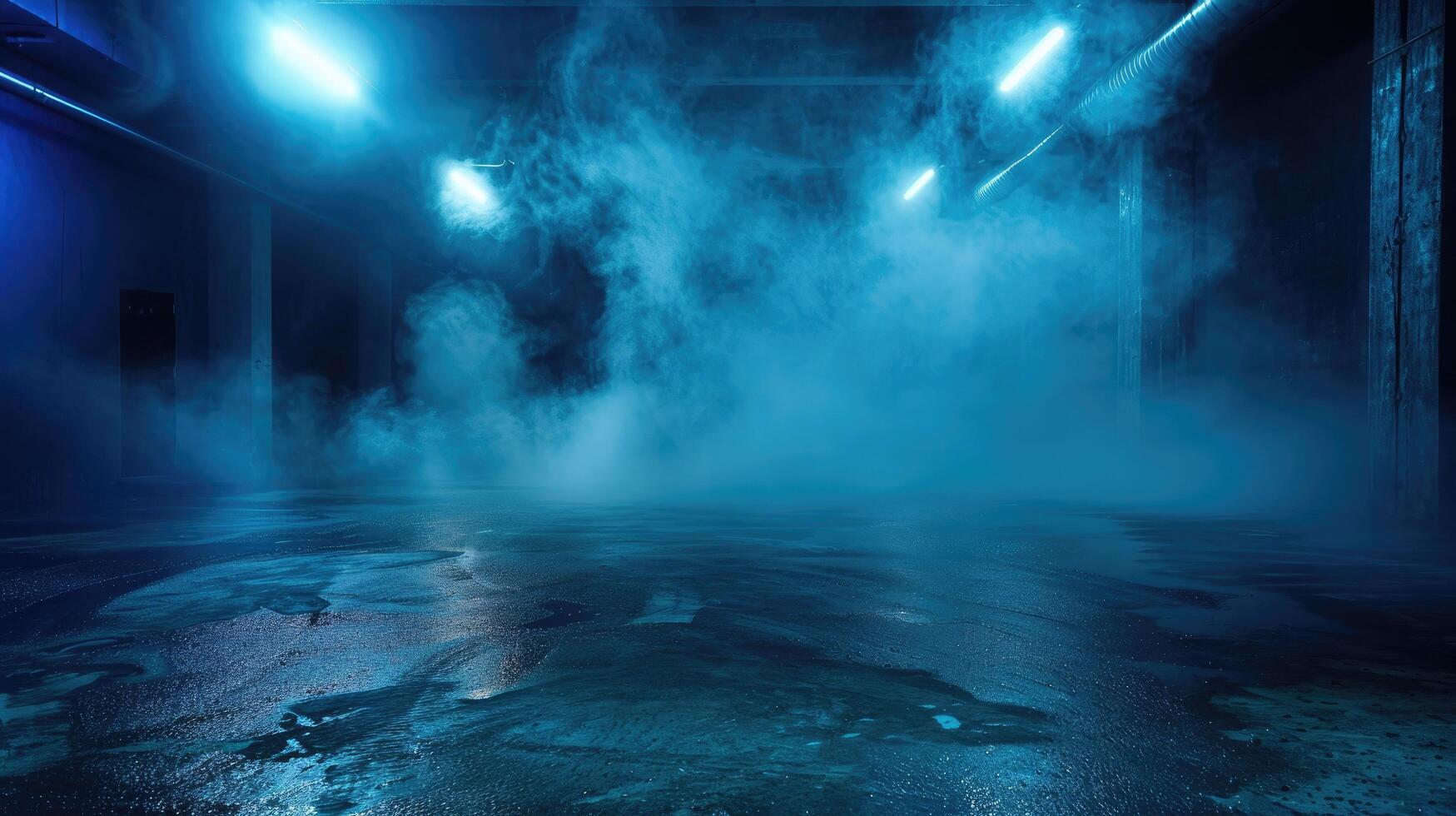 Dark street, wet asphalt, reflections of rays in the water. Abstract dark blue background, smoke, smog. Empty dark scene, neon light, spotlights photo