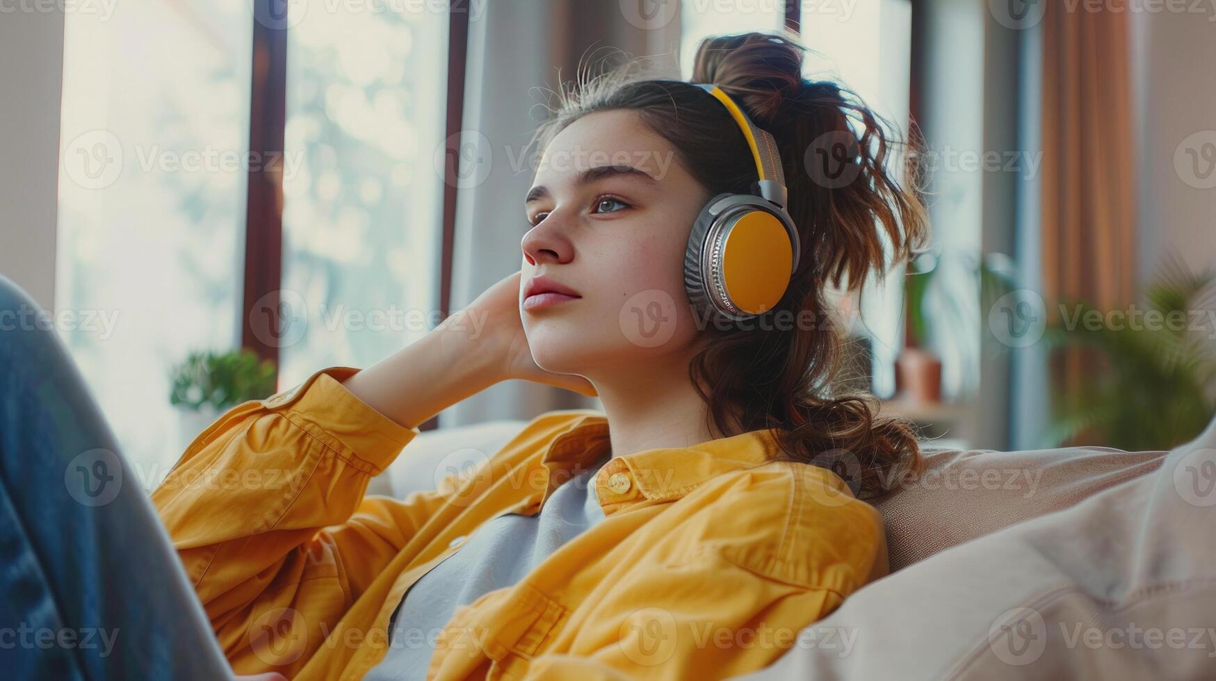 Relaxed young woman listening to music with headphones while lying on sofa at home photo