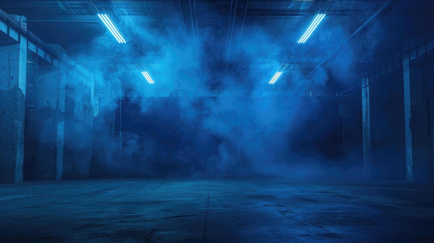 Dark street, wet asphalt, reflections of rays in the water. Abstract dark blue background, smoke, smog. Empty dark scene, neon light, spotlights photo