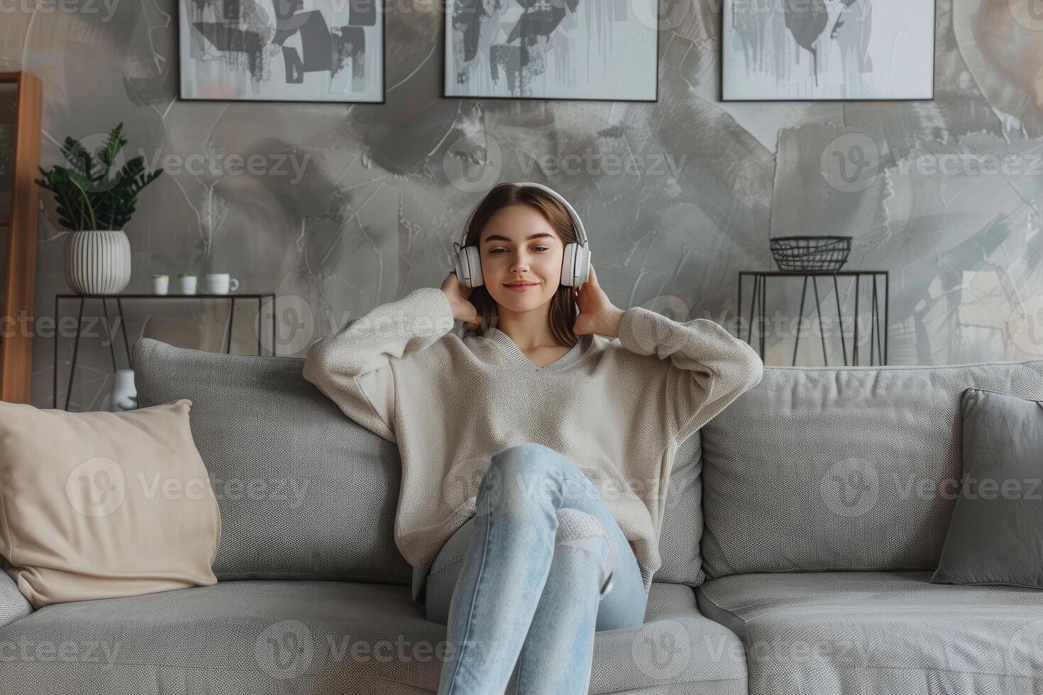 Relaxed young woman listening to music with headphones while lying on sofa at home photo