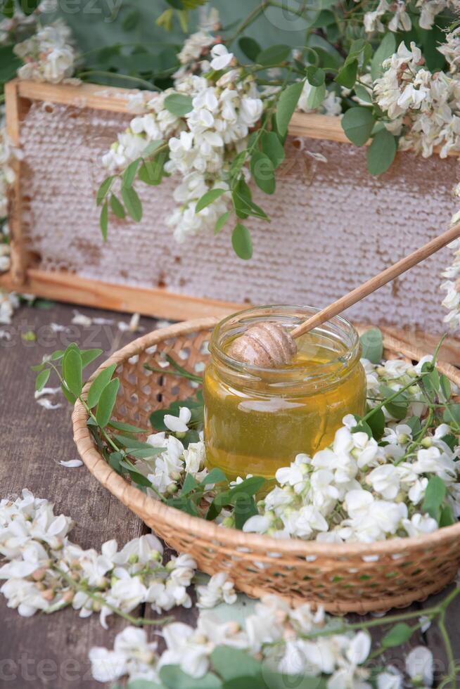 still life with full honeycombs,jar of ocacia honey on table,organic enriched beekeeping product,alternative medicine photo