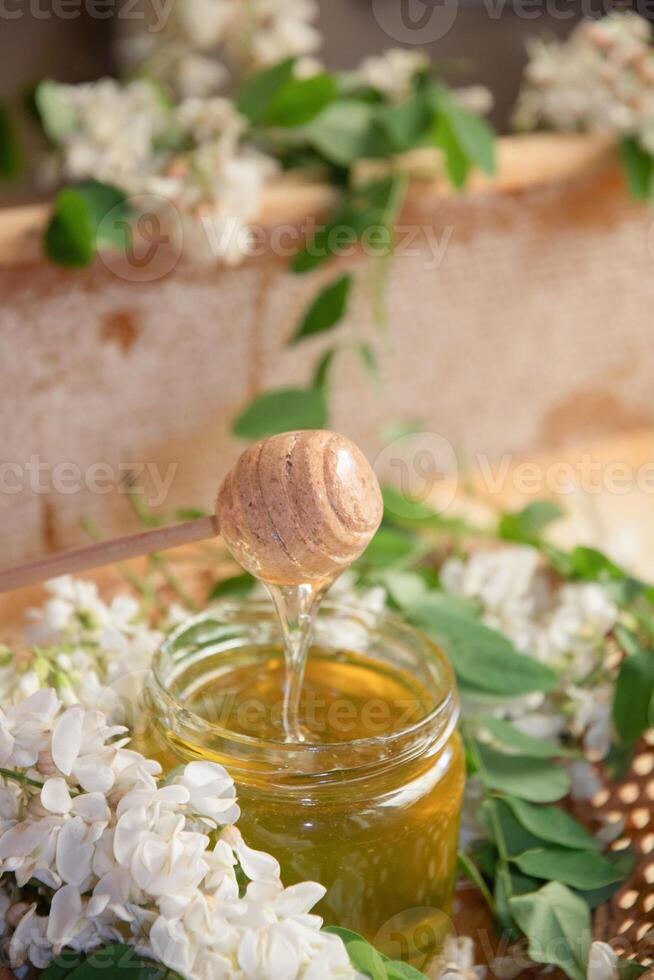 still life of a full jar of transparent yellow ocacia honey on the table against the background of wax honeycombs photo