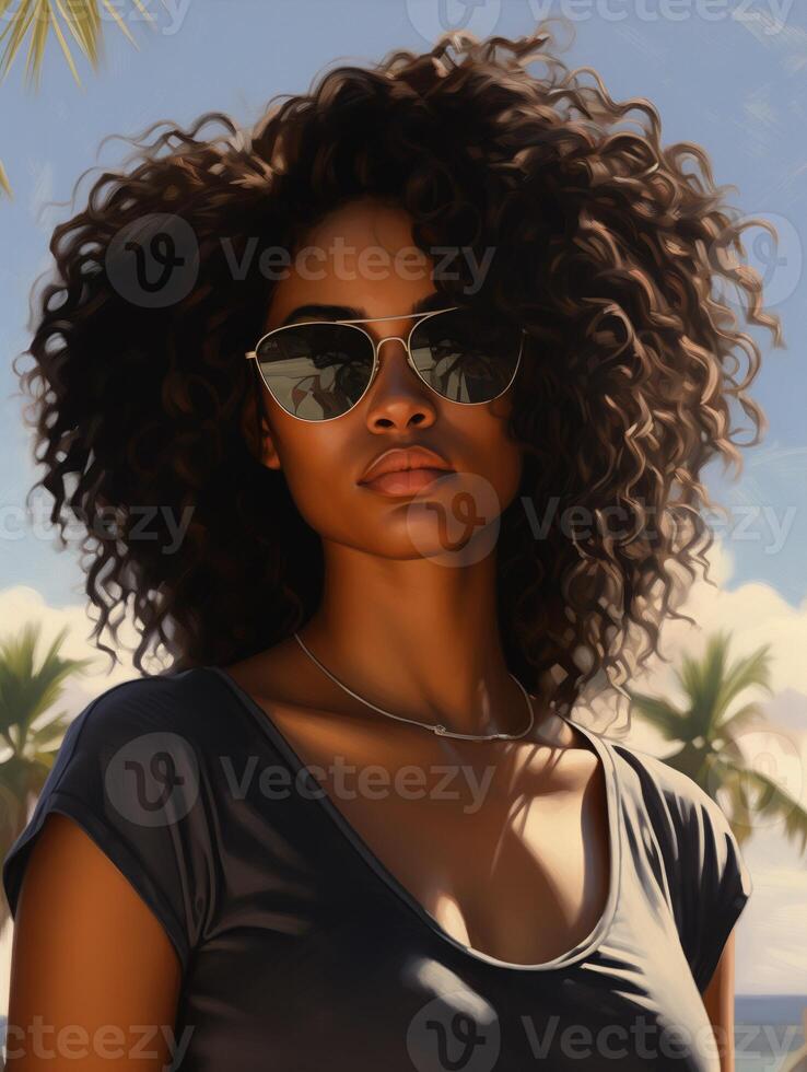 un fotorrealista retrato de un 25 años africano americano mujer en Gafas de sol foto