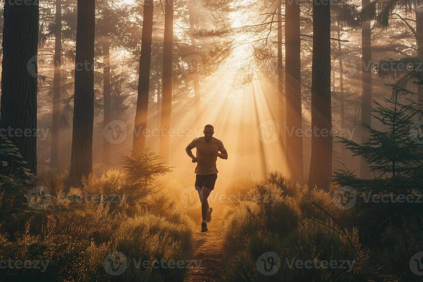 A black man with a muscular build running in a forest area photo