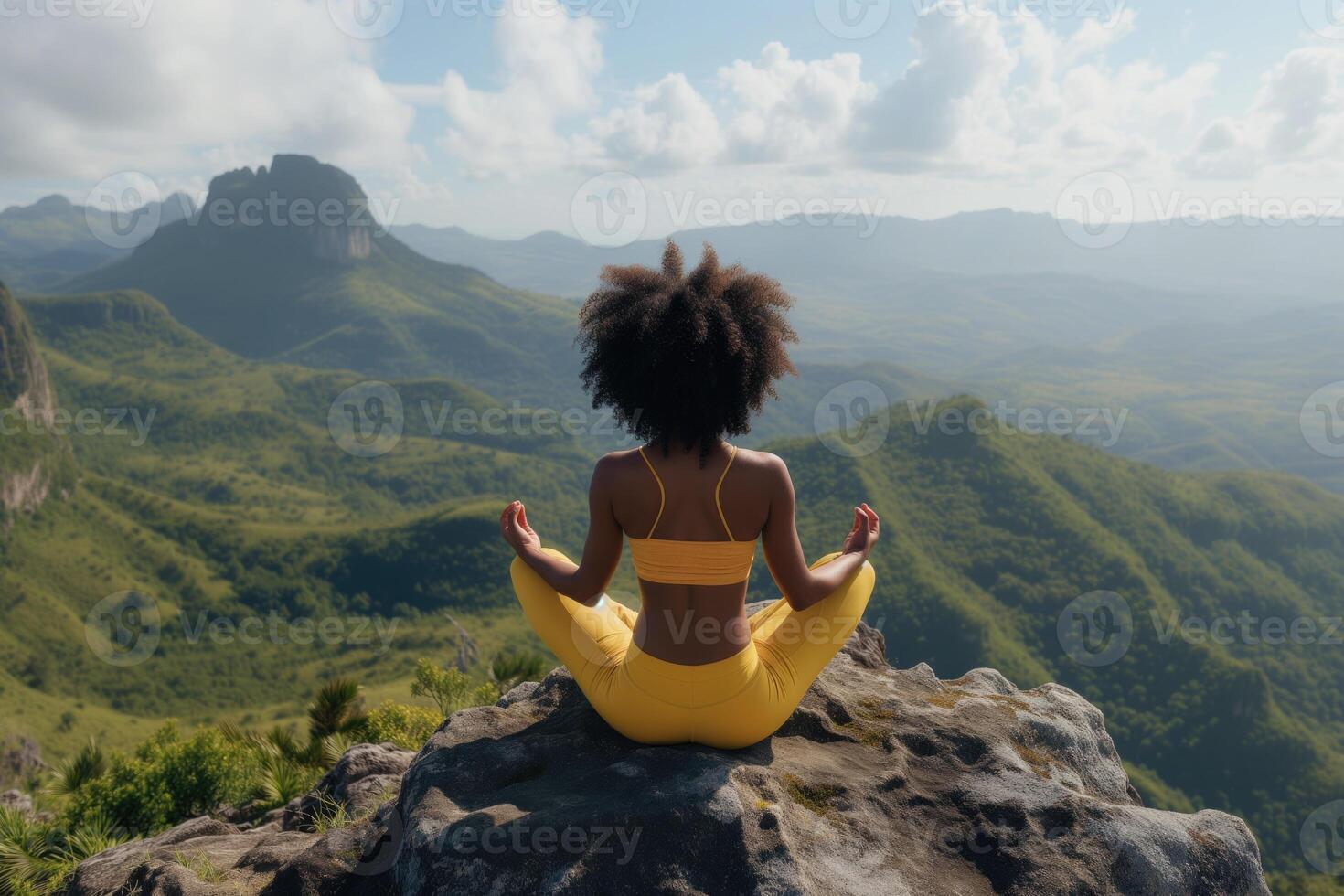 A black woman with natural curly hair meditating on the top of the mountain photo