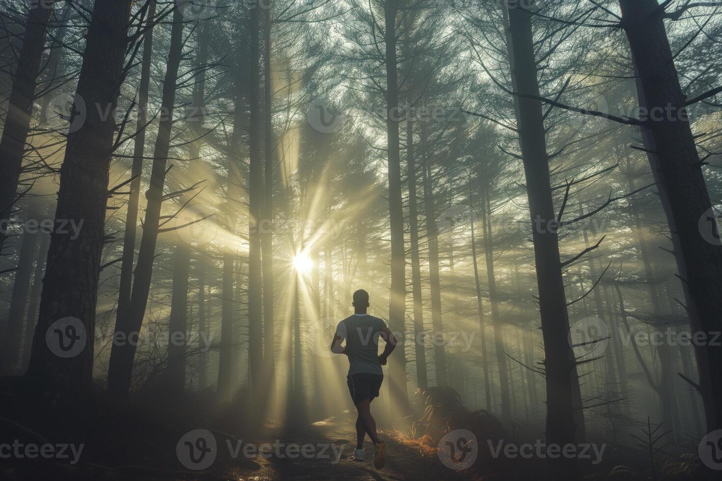 un negro hombre con un muscular construir corriendo en un bosque zona foto