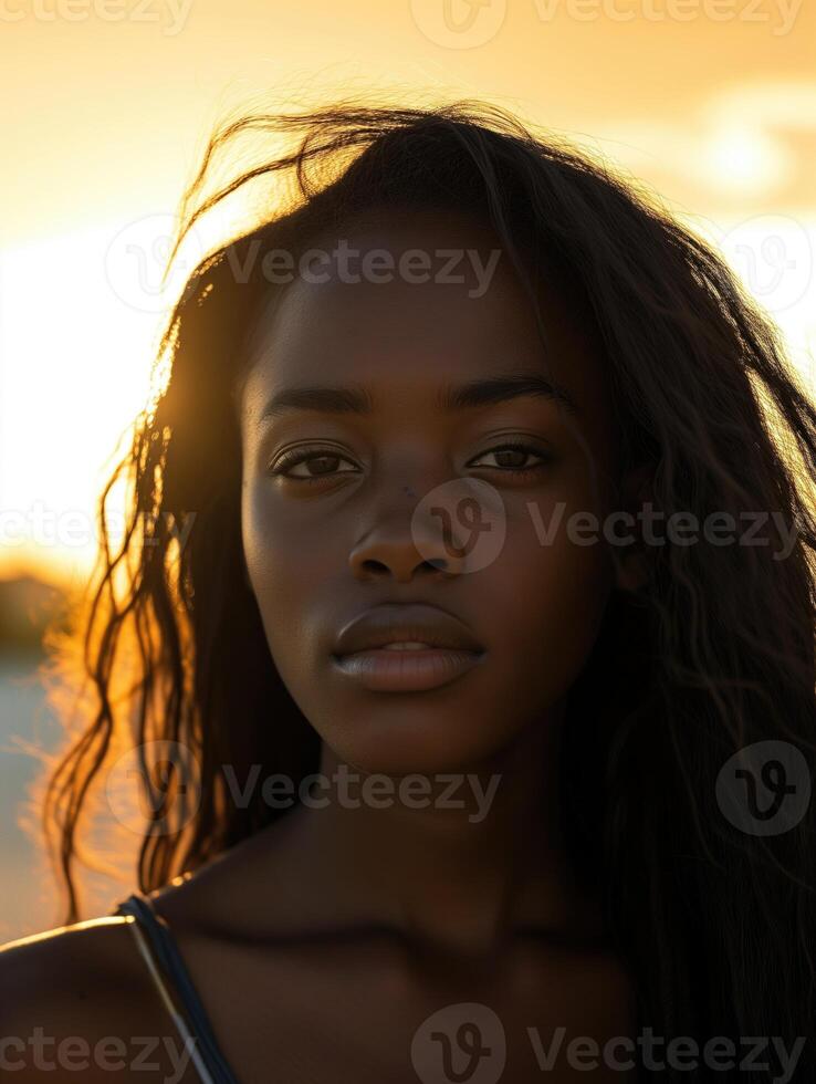 AI Portrait of a beautiful black woman on sunset photo
