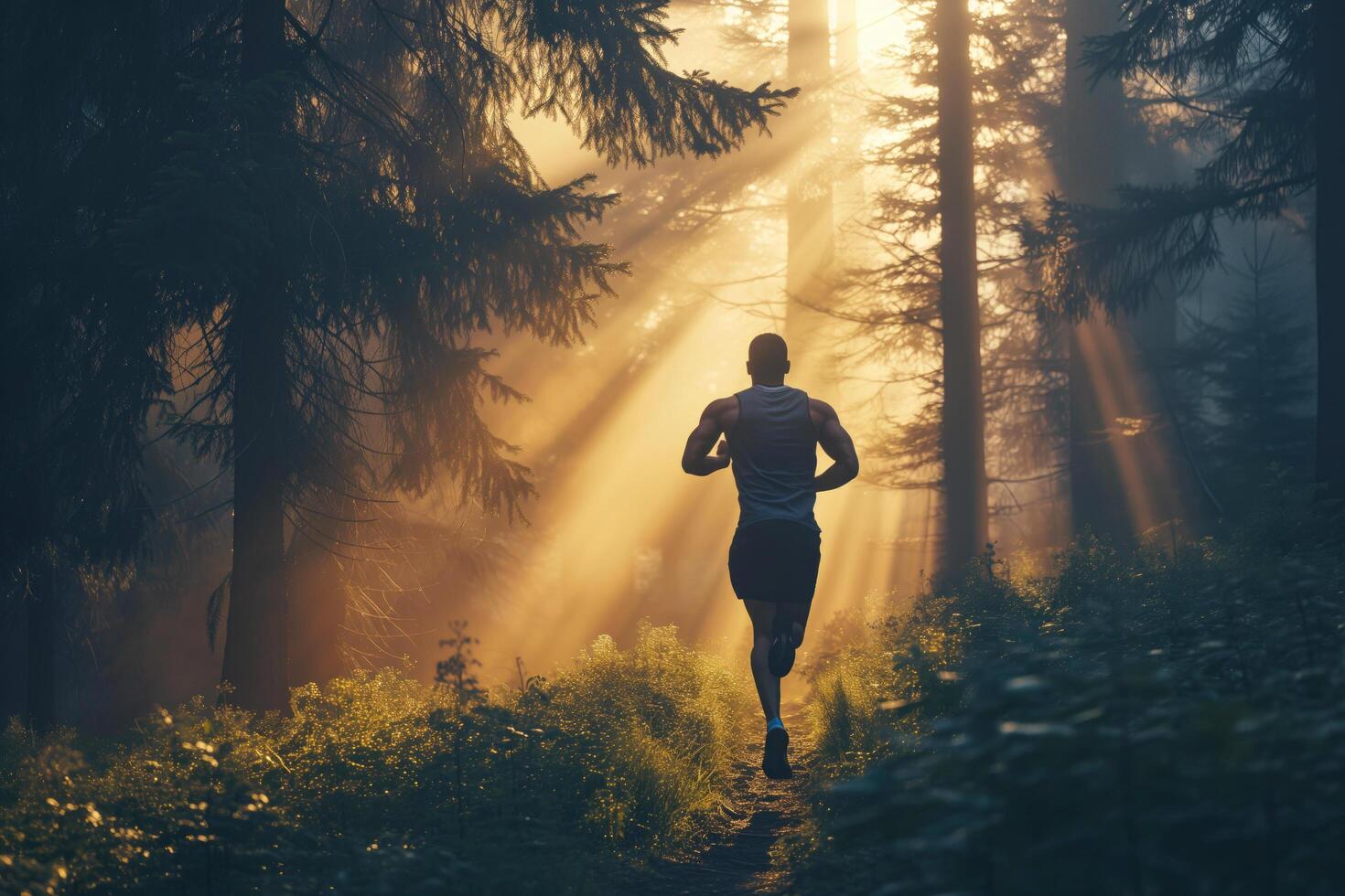 A black man with a muscular build running in a forest area photo