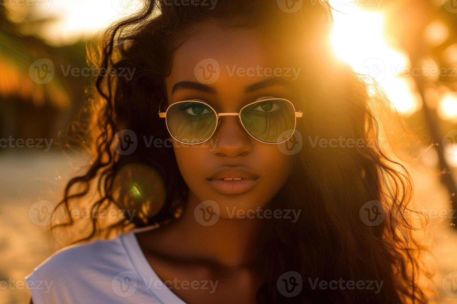 un fotorrealista retrato de un 25 años africano americano mujer en Gafas de sol foto