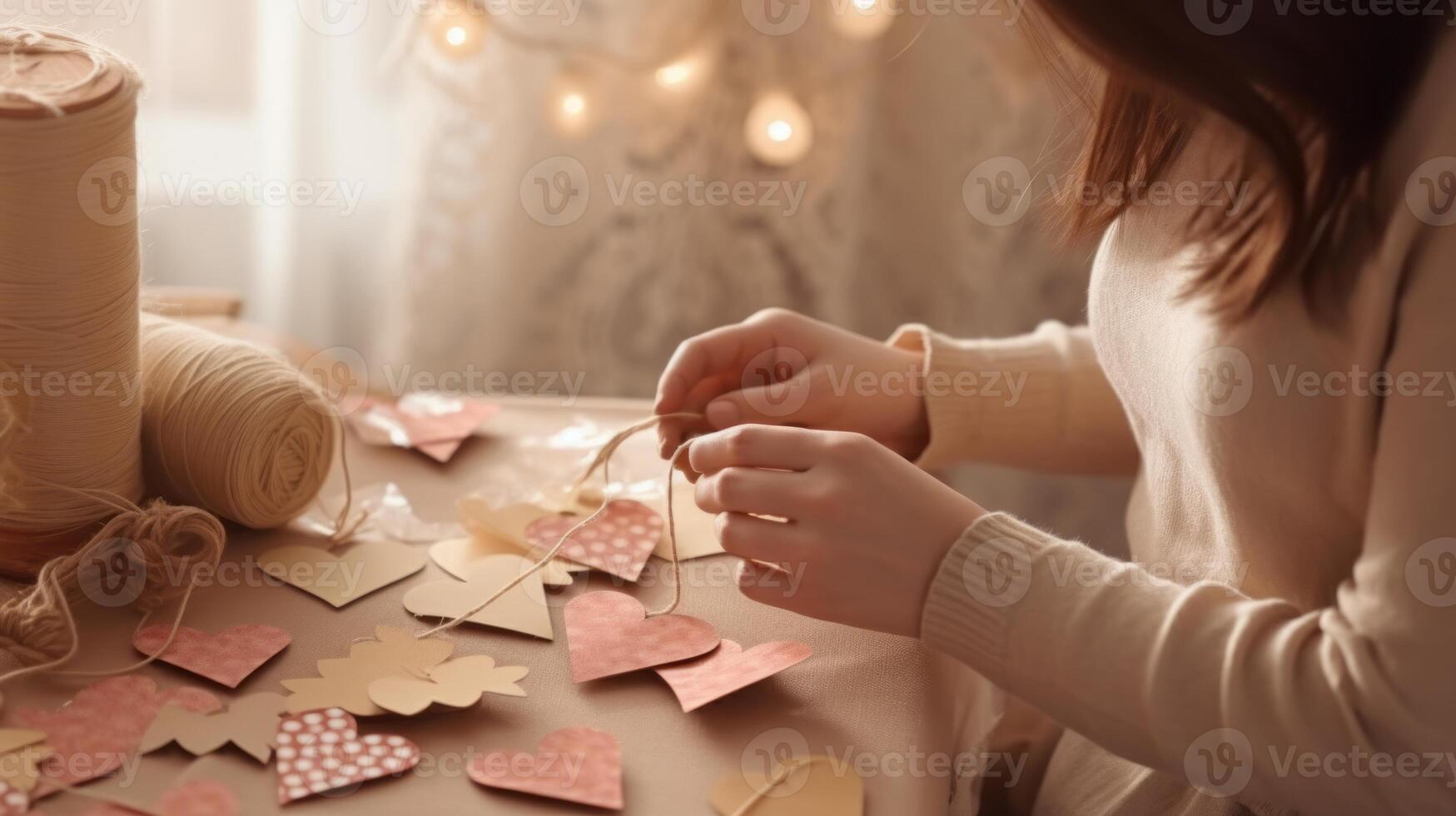 Young woman making greeting card for Valentine's Day at home, closeup photo