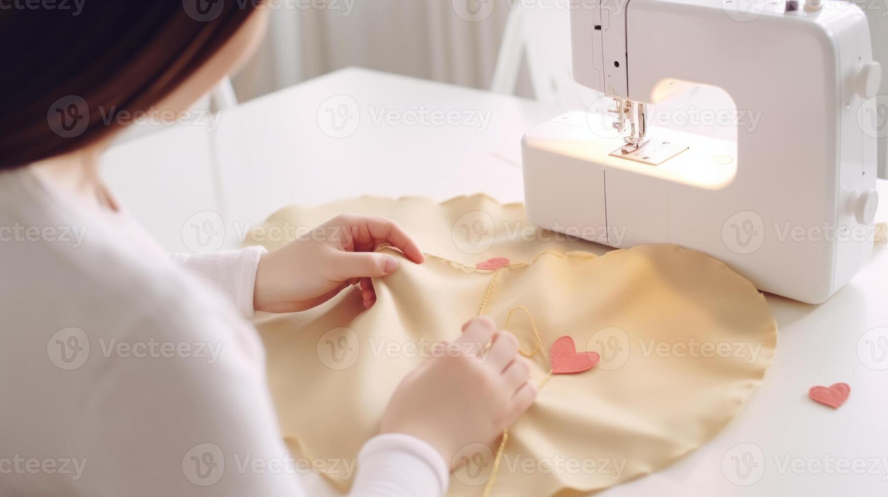 Close-up of female hands sewing a heart on the fabric. photo