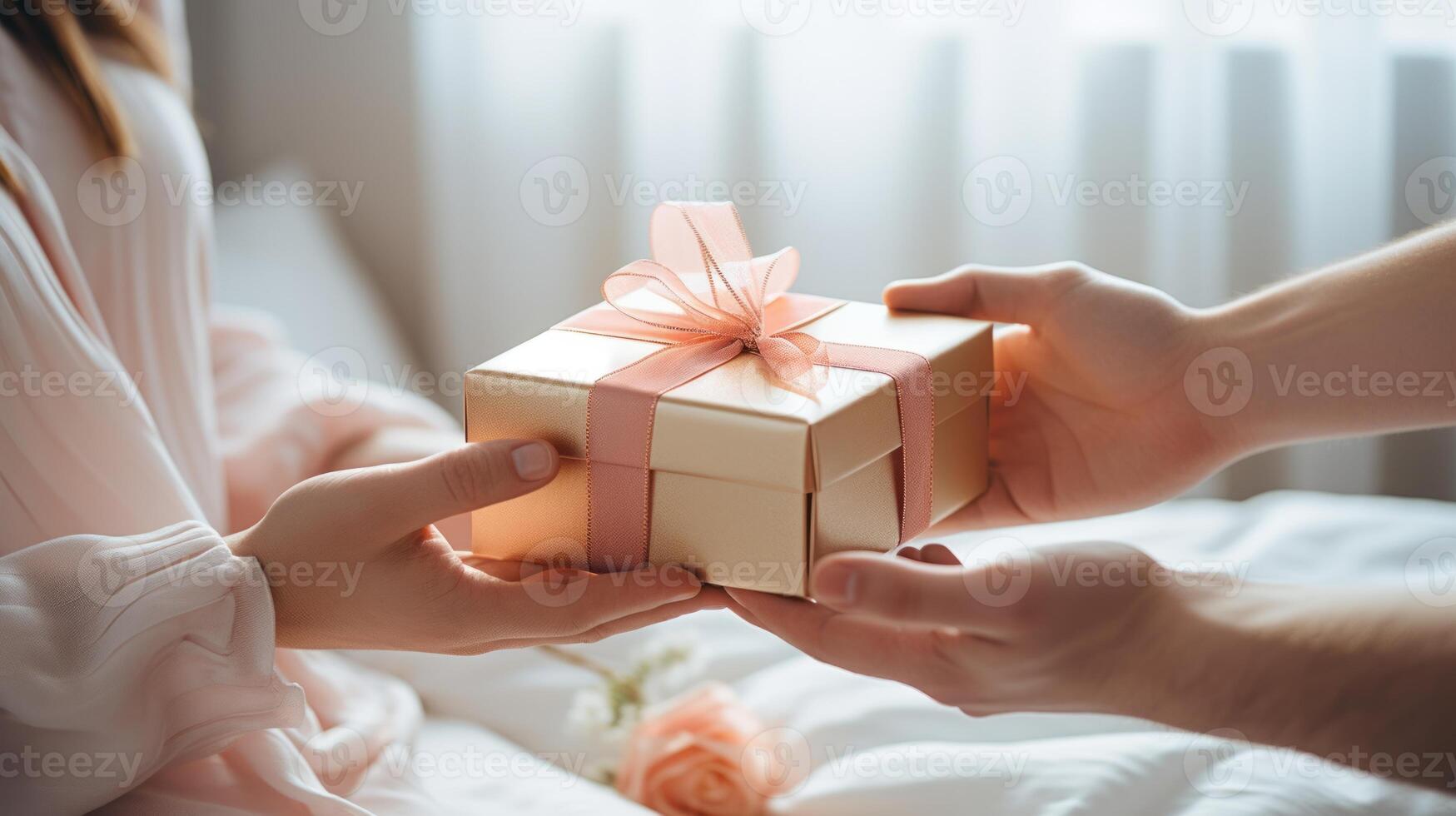 cropped shot of man giving gift box to woman in living room photo