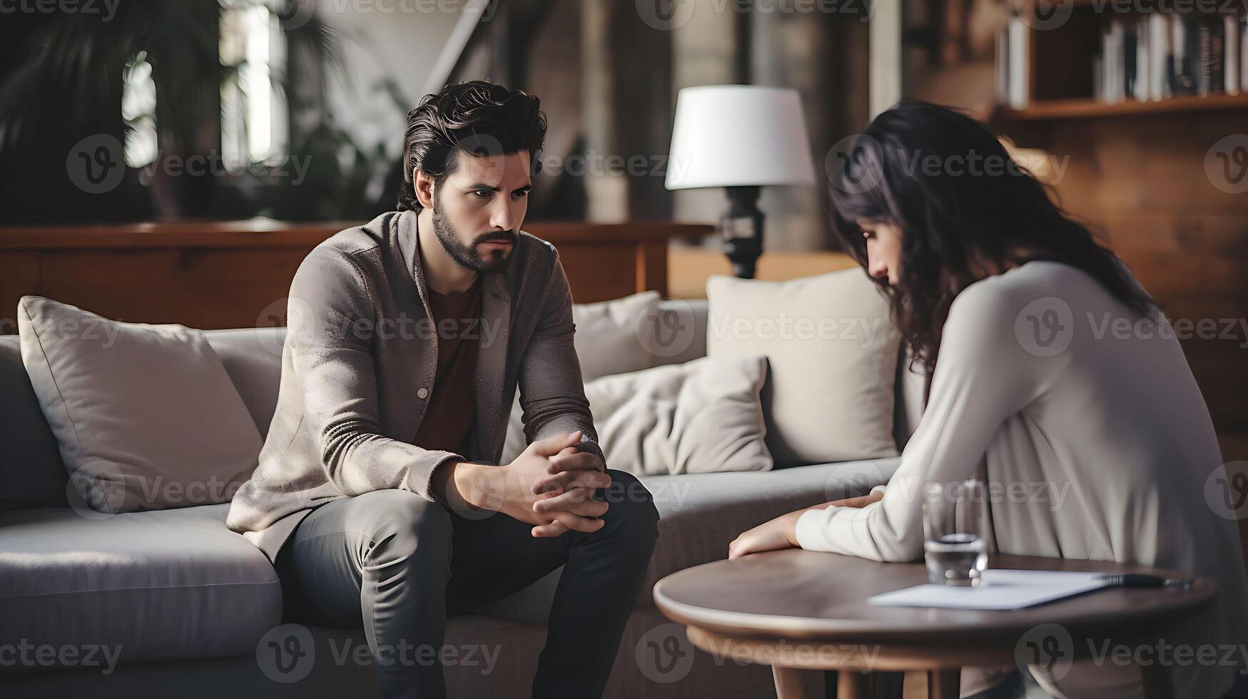 Concept of divorce, disagreement, relationship troubles misunderstanding in family. Man and a woman in a quarrel. Conflicts between husband and wife. photo