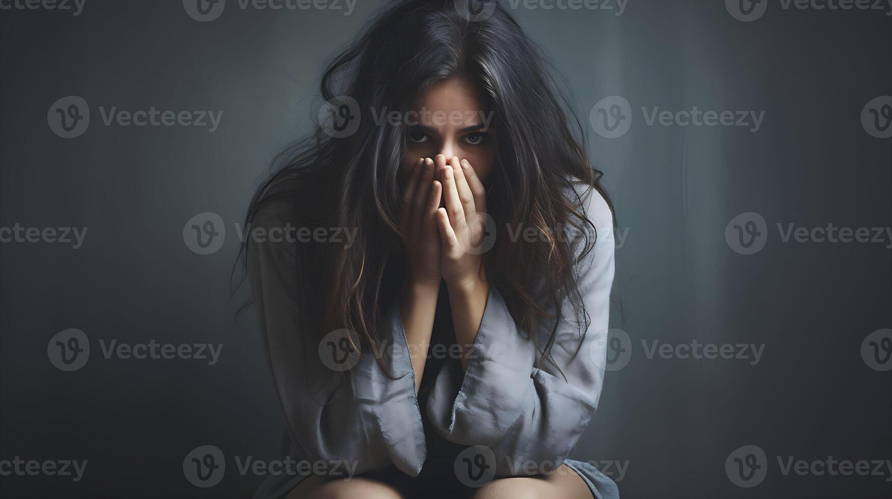 Woman in depression with bewildered thoughts in her mind. Depression, loneliness and mental health concept. photo