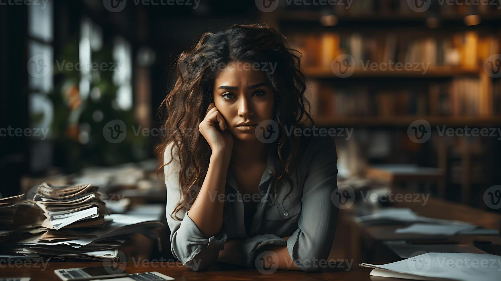 Professional burnout syndrome. Tired black skin female manager in office sitting at the laptop. Deadline, stress, depression at work photo