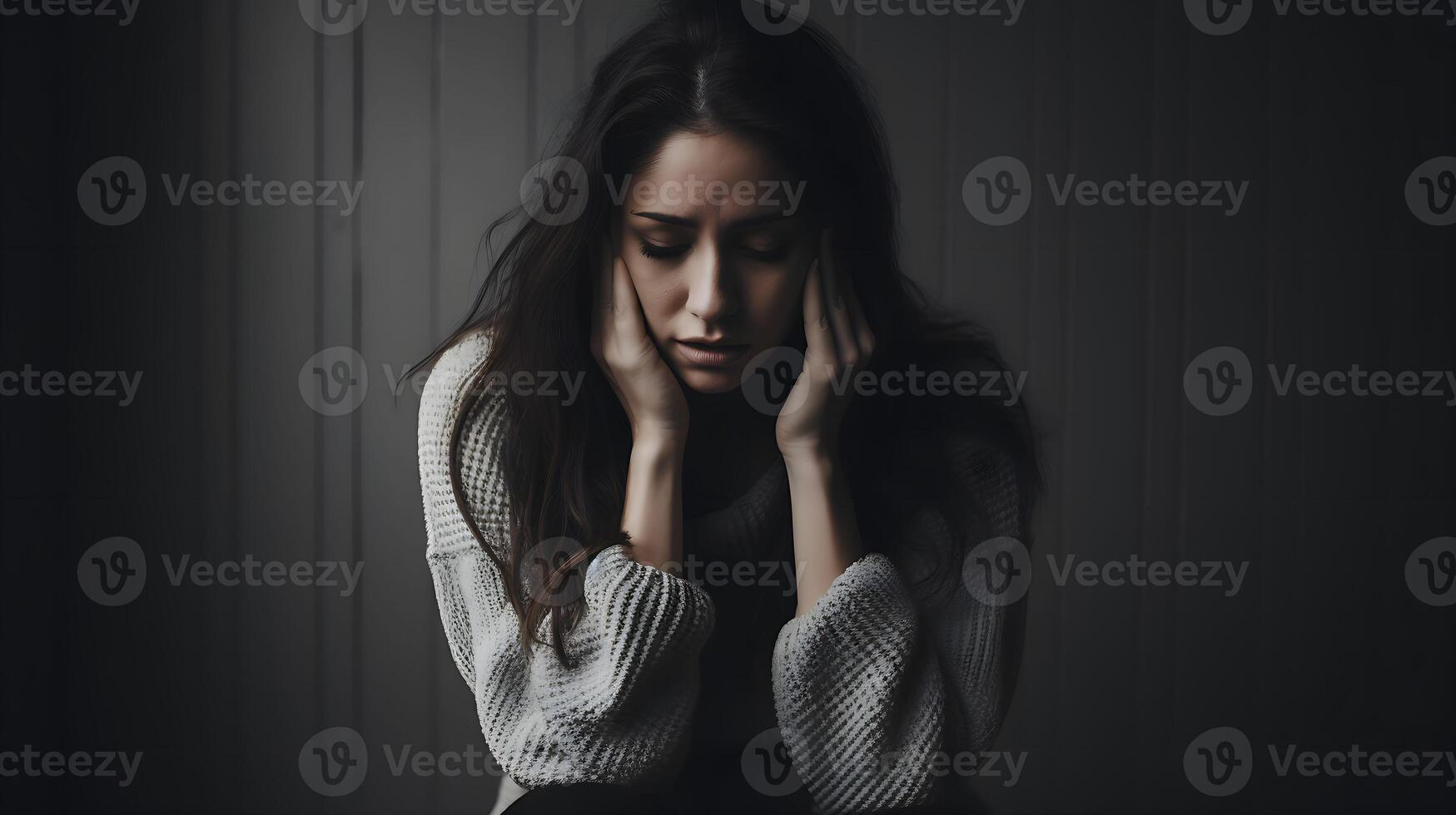 mujer en depresión con desconcertado pensamientos en su mente. depresión, soledad y mental salud concepto. foto