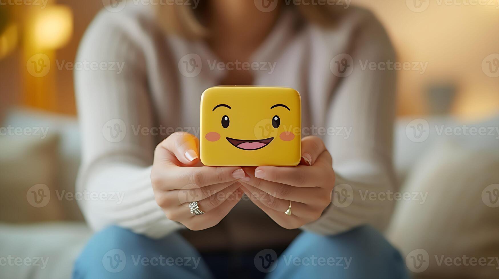 Emotional intelligence concept. Female holding happy emoji. Feedback rating, balance emotion control, mental health assessment. photo