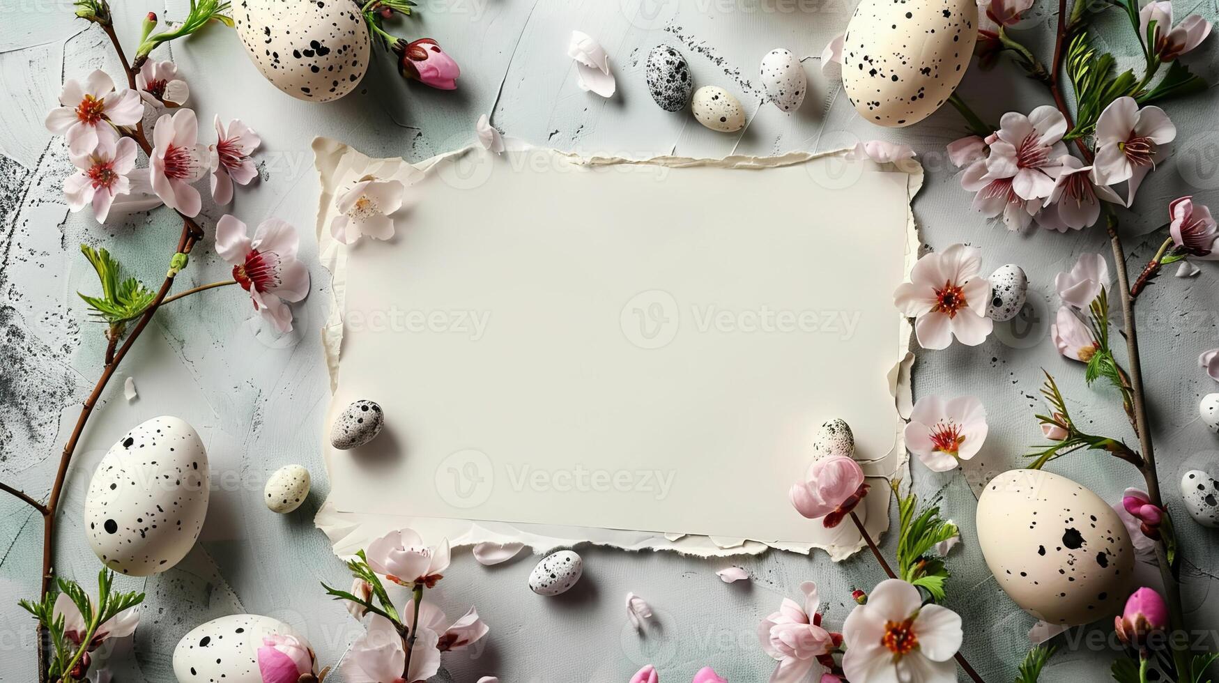 Happy Easter concept. Simple spring Easter template, greeting card, banner. Top view with copy space photo