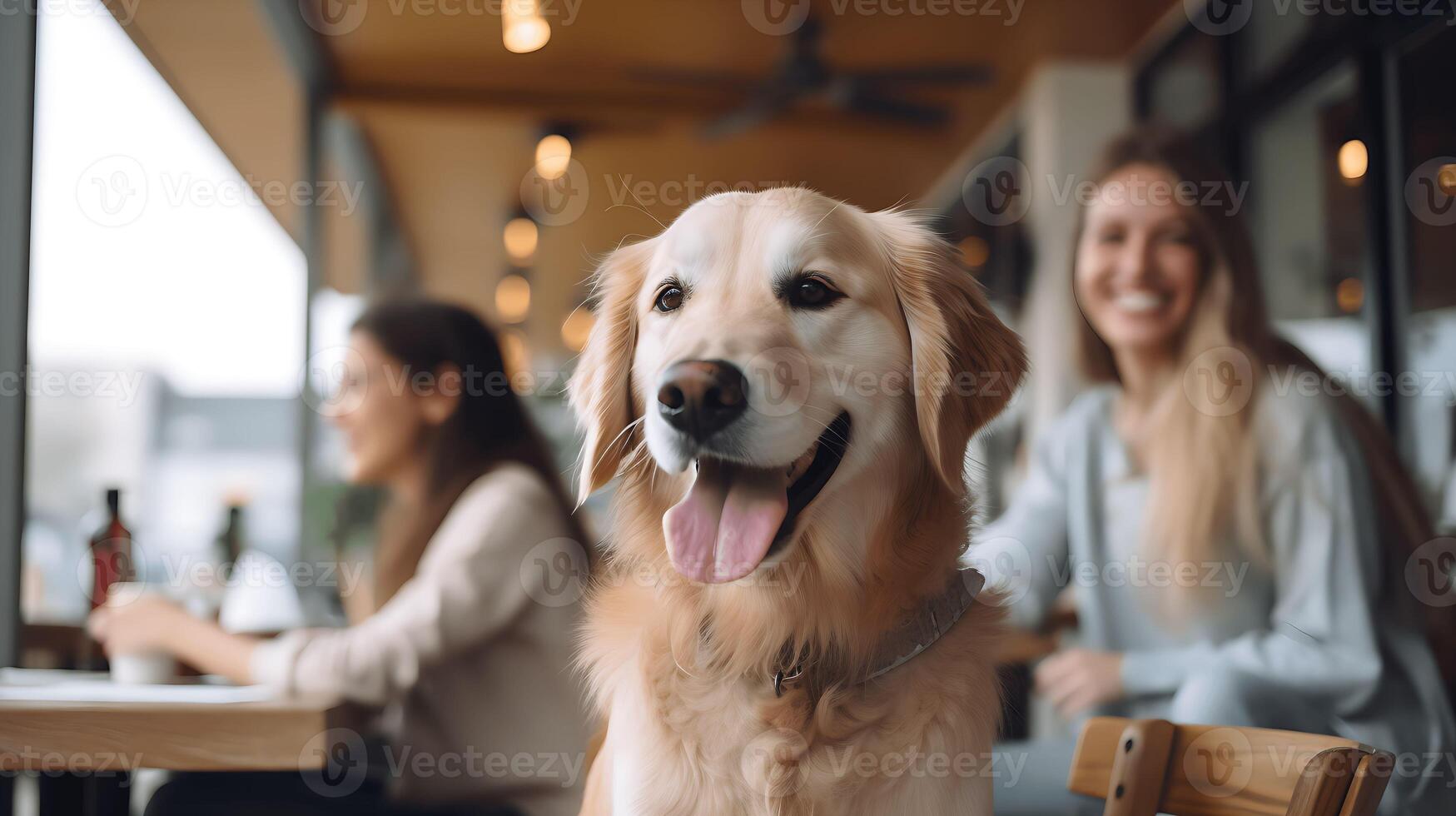 Pet friendly places concept. Labrador retriever dog walking in city. Emotional support concept. photo