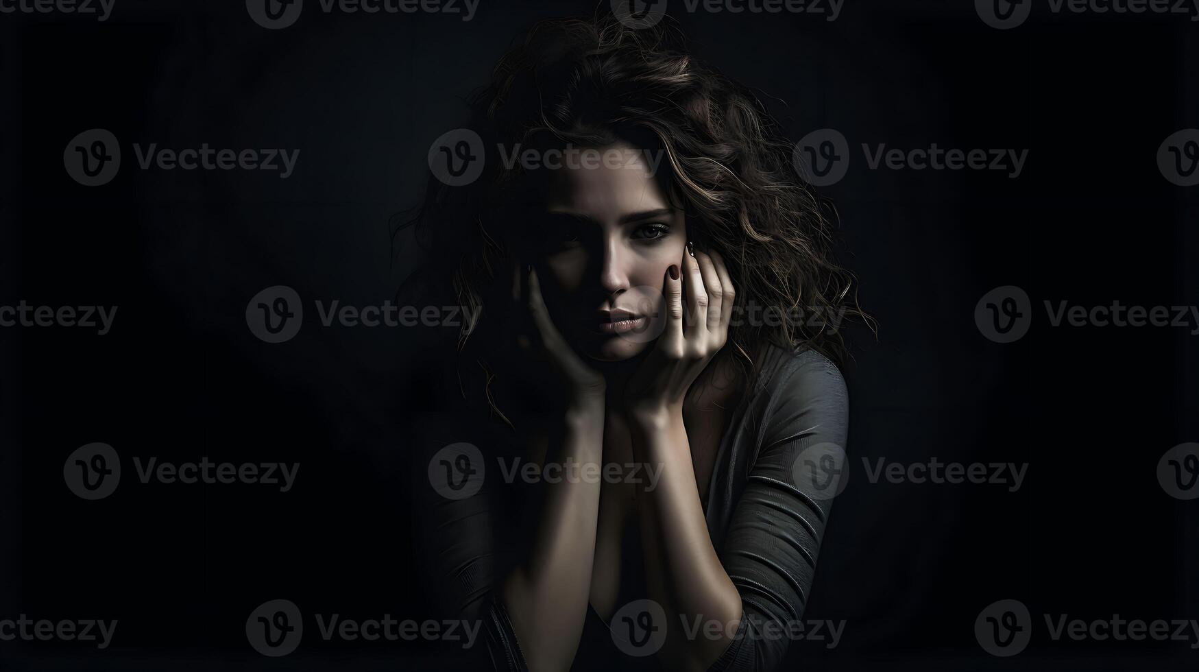 Woman in depression with bewildered thoughts in her mind. Depression, loneliness and mental health concept. photo