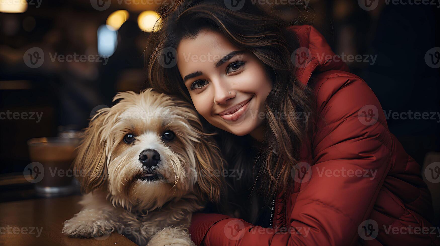 Woman sits with cute dog at restaurant. Pet friendly places concept. Emotional support concept. photo