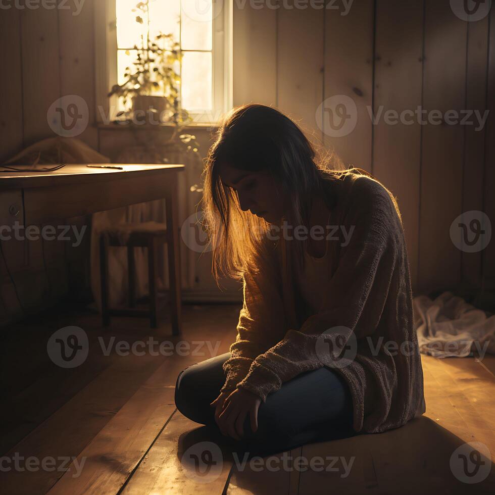 mujer en depresión con desconcertado pensamientos en su mente. depresión, soledad y mental salud concepto. foto