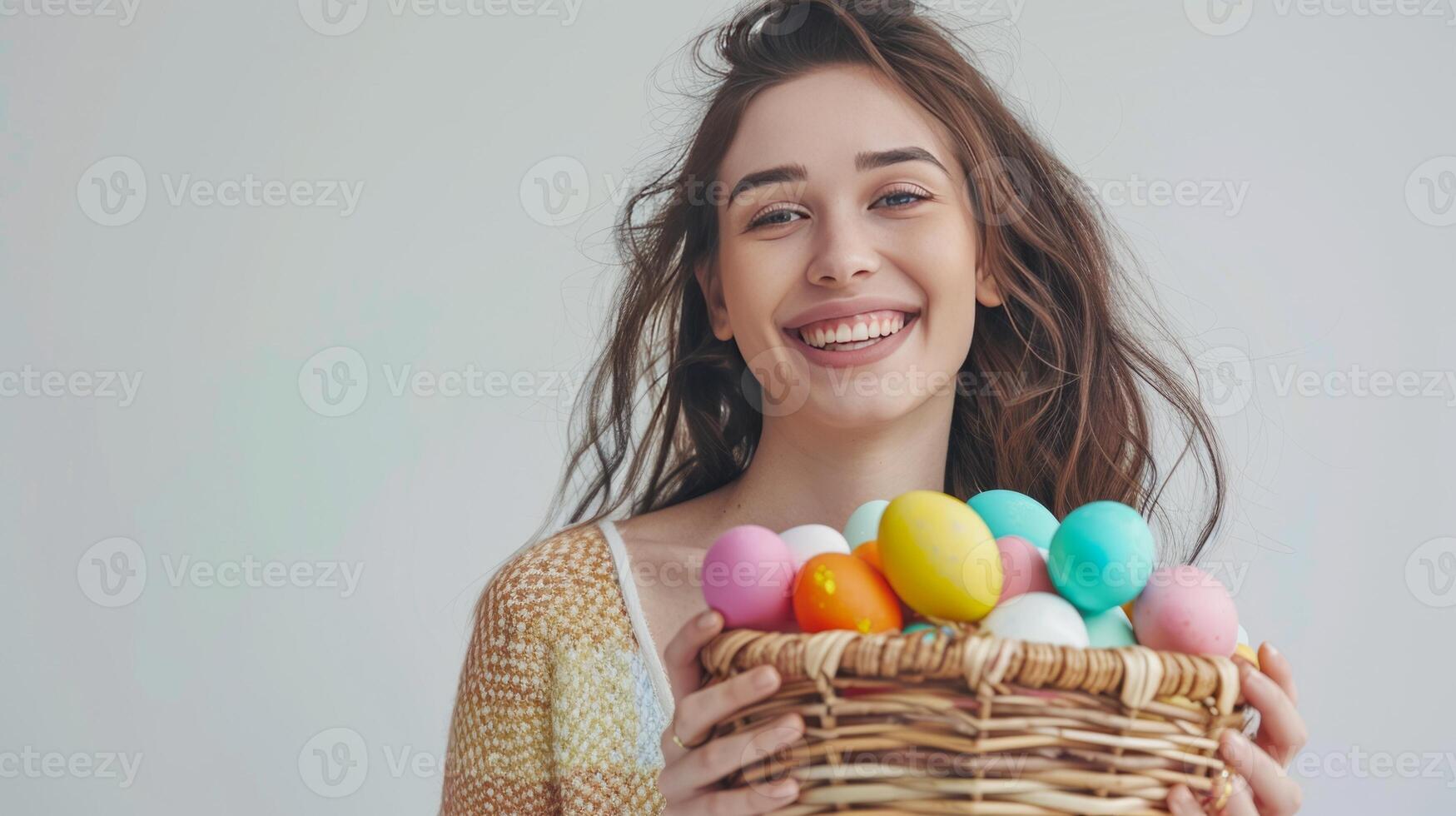 Young smiling woman wearing casual clothes hold wicker basket with colorful Easter eggs isolated on pastel background. Copy space. photo
