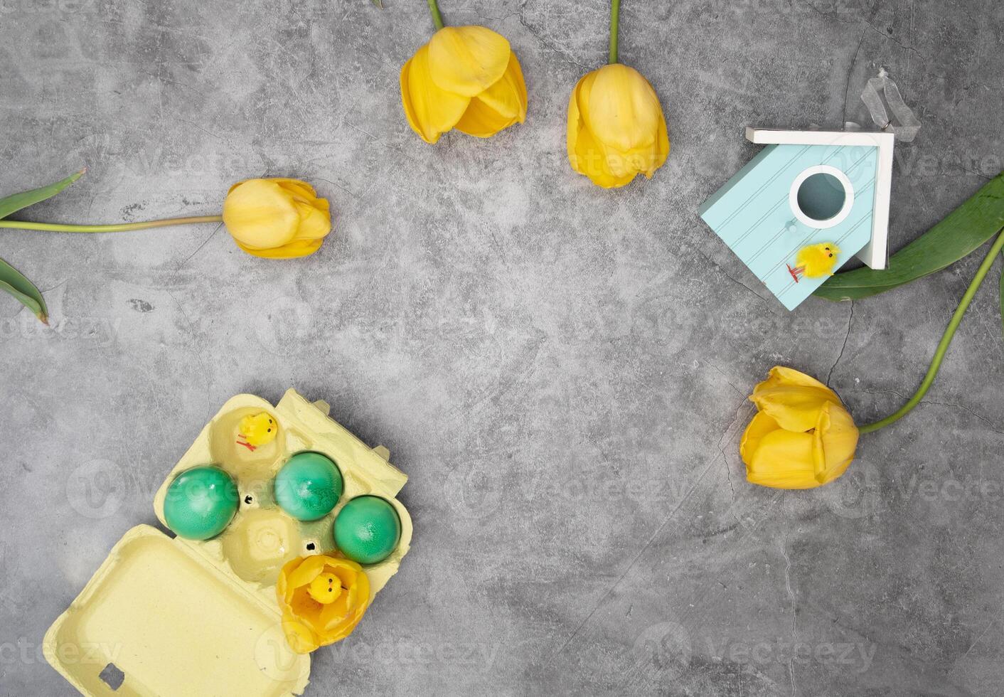 Easter layout, a plate of chicken and yellow chicks, by green eggs ,tulips photo