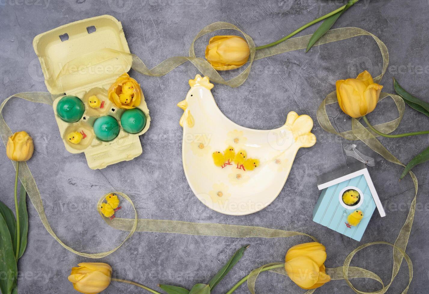 Easter layout, a plate of chicken and yellow chicks, by green eggs ,tulips photo