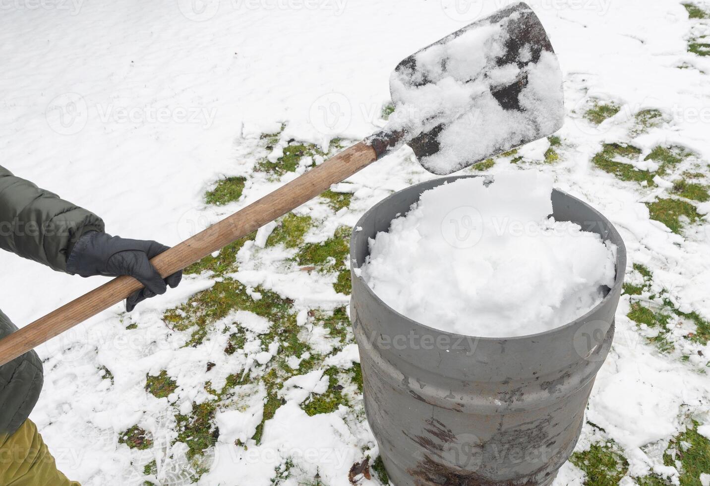 middle-aged woman is collecting snow in a barrel with a shovel,natural resources photo