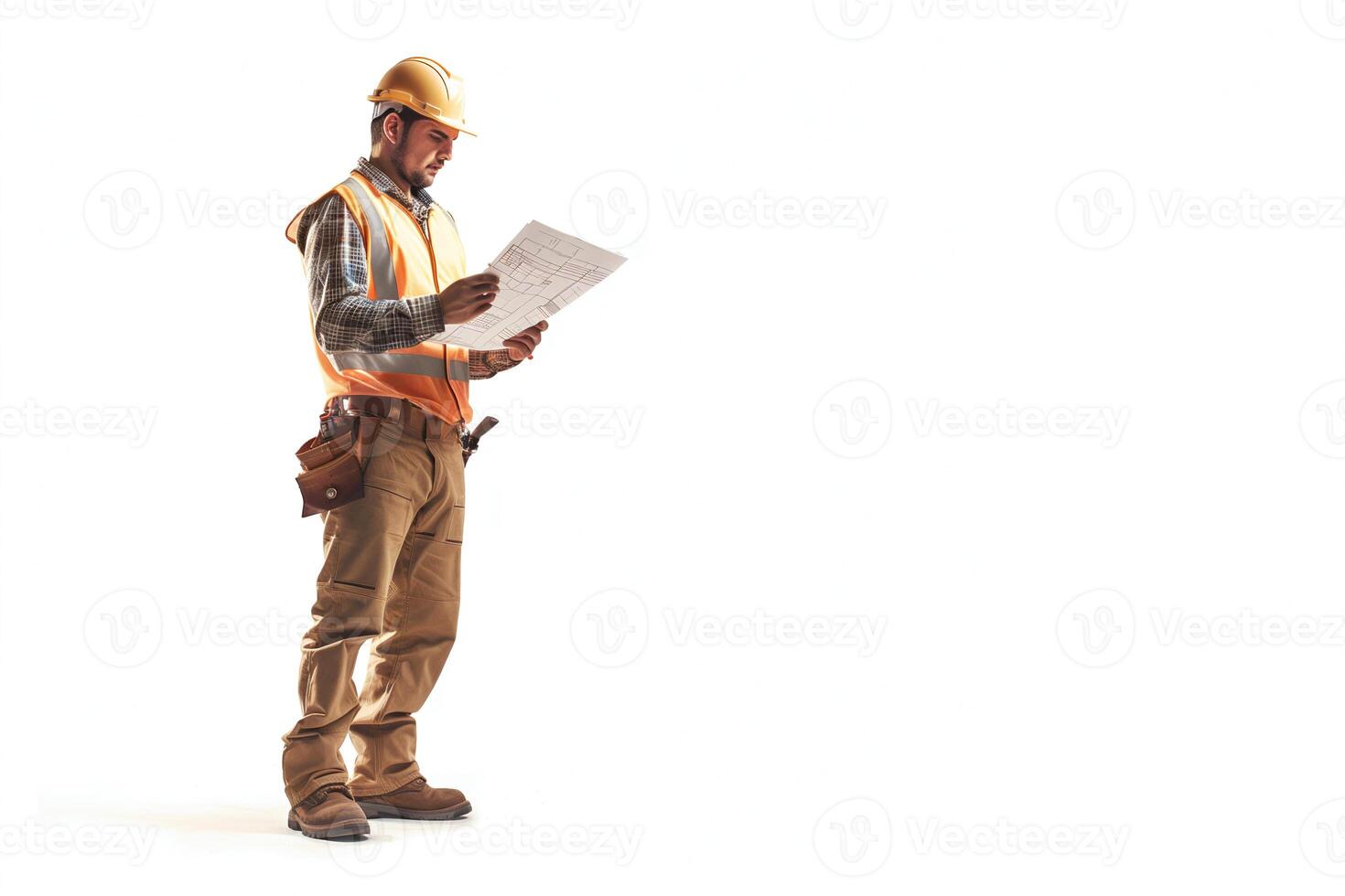 Male builder engineer reading blueprints on white background. photo