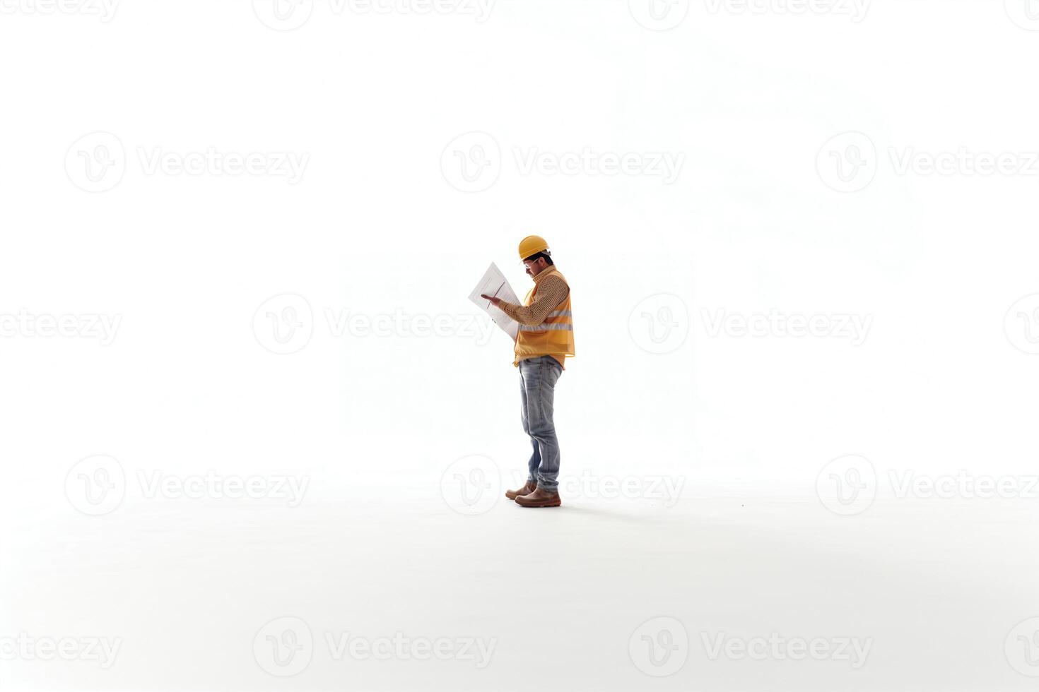 Male builder engineer reading blueprints on white background. photo