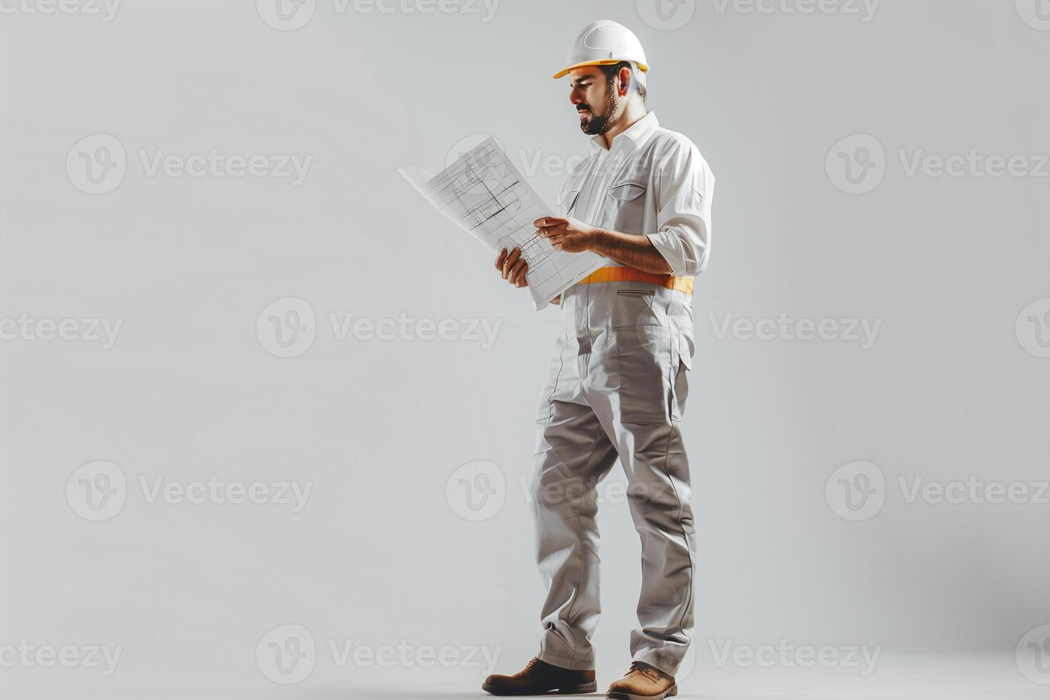 Male builder engineer reading blueprints on white background. photo
