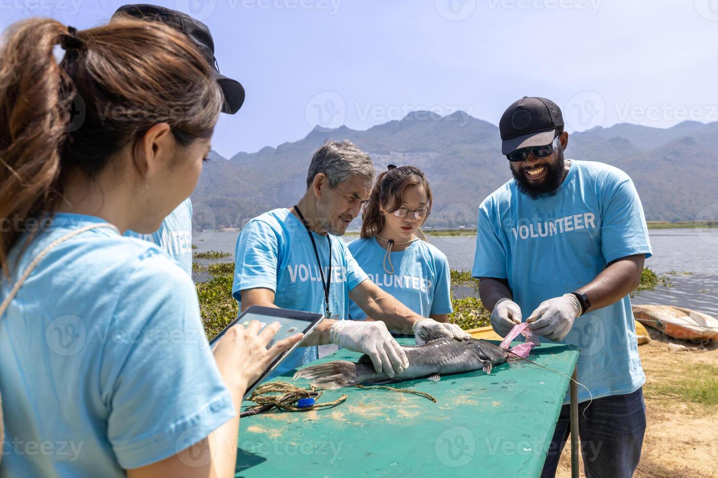 Team of ecologist volunteer pulling non biodegradable micro plastic from the endanger species fish due to the irresponsible waste littering into the ocean for climate change and saving nature photo