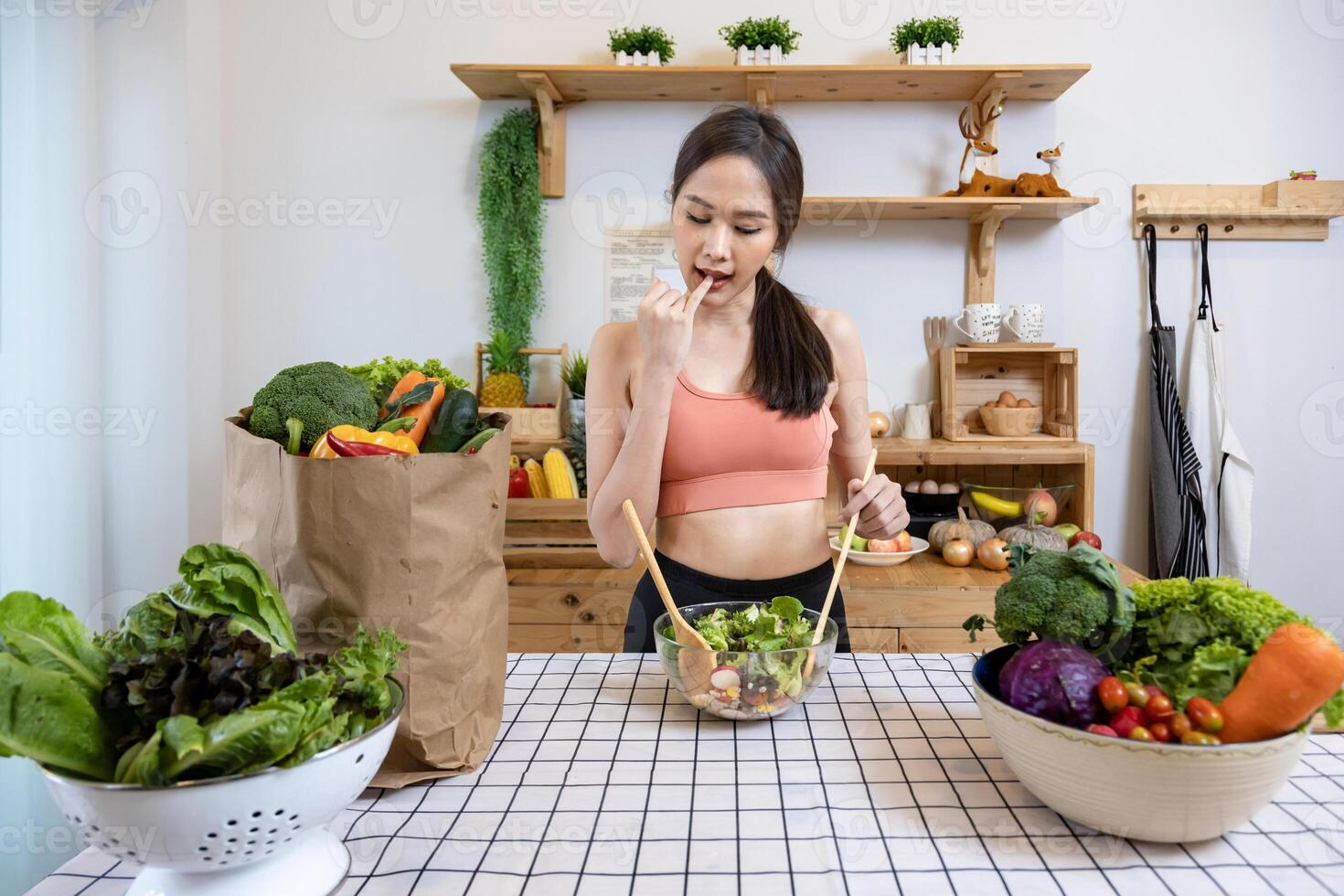 Asian housewife is preparing simple and easy japanese style salad meal for vegan and vegetarian food concept after exercise to get enough nutrition photo