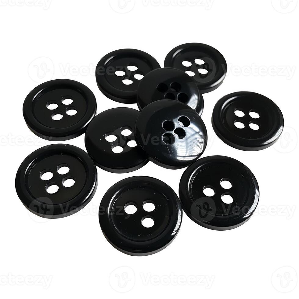 Stack of round, black cloth buttons made of plastic, transparent background. photo