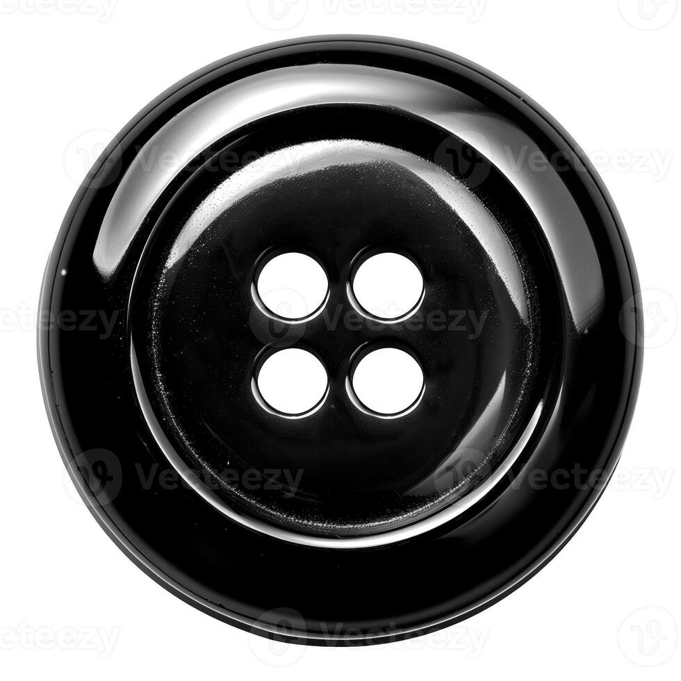 Single, round black clothing button with four holes and a shiny and smooth plastic surface on a transparent background. photo