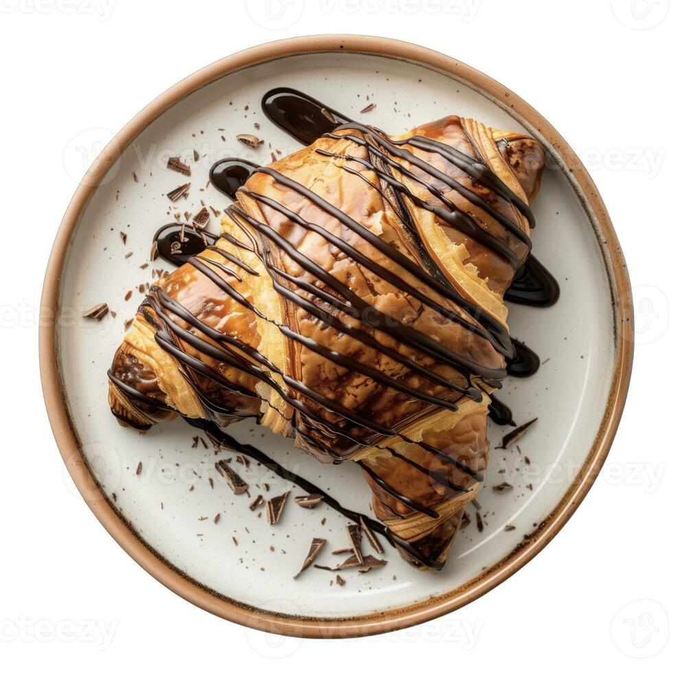 A chocolate covered pastry with chocolate drizzle on top photo