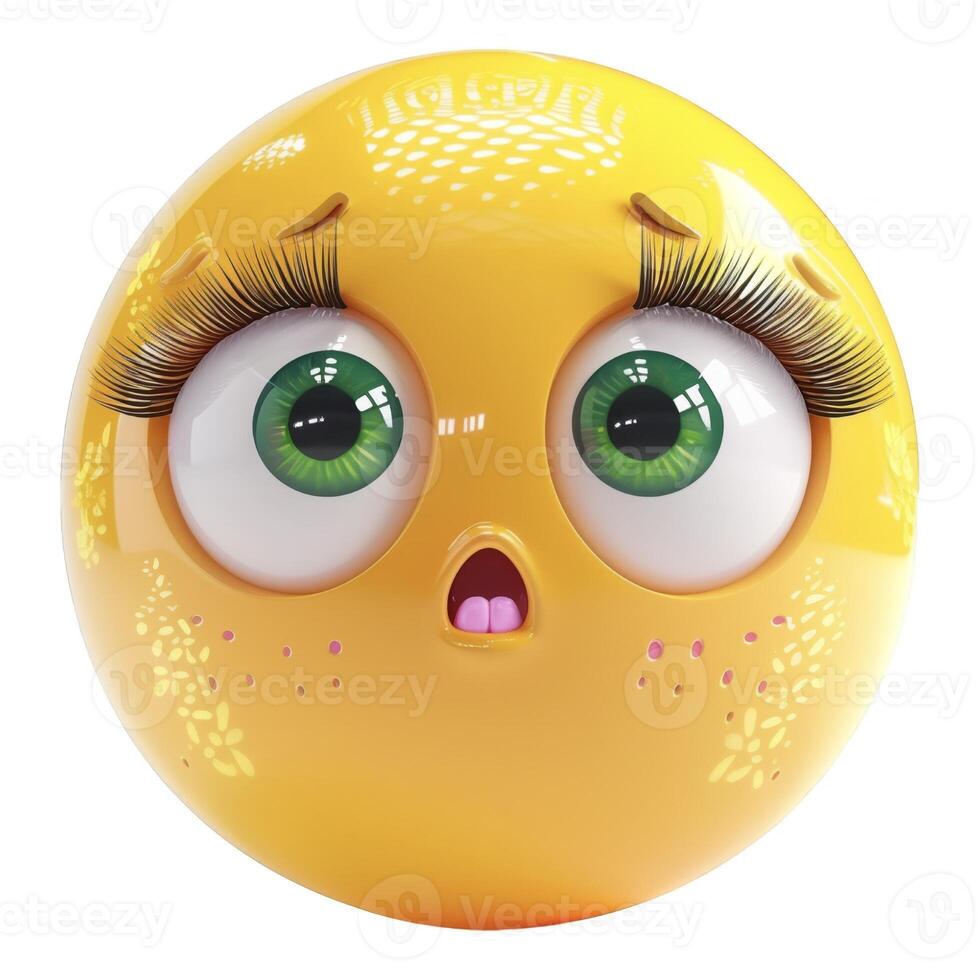 Graceful and pretty round emoji teenage lady with green eyes and lashes. The eyes and the mouth of the female toy are open wide, surprised or shocked expression. photo