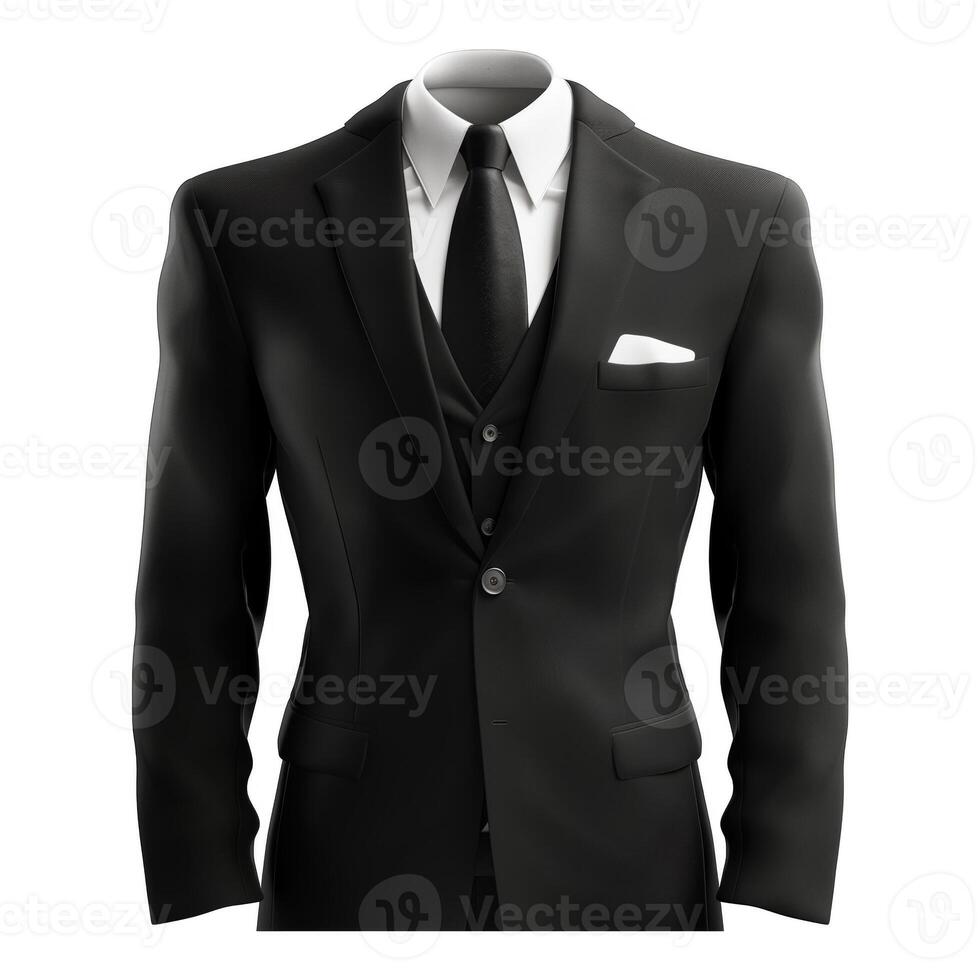 Elegant, luxury black male suit complete with a white shirt and a dark tie. The formal businessman uniform has sleek lines and a classic design. Against a transparent background. photo
