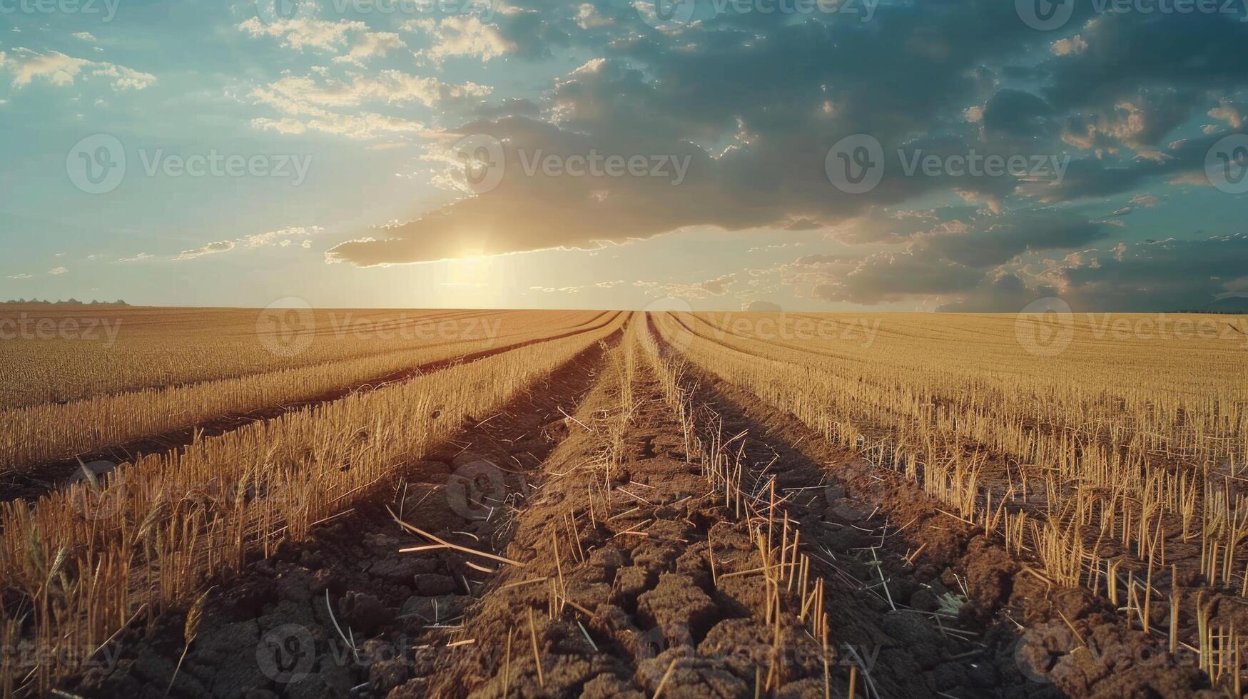 Dry cracked soil in vast summer oat field photo