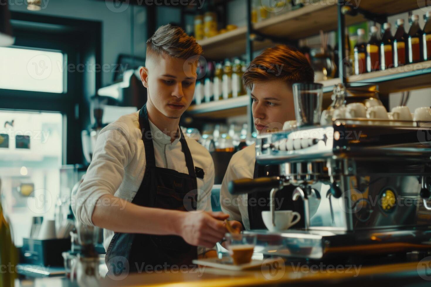 Professional barista teaches young man how to make coffee. photo