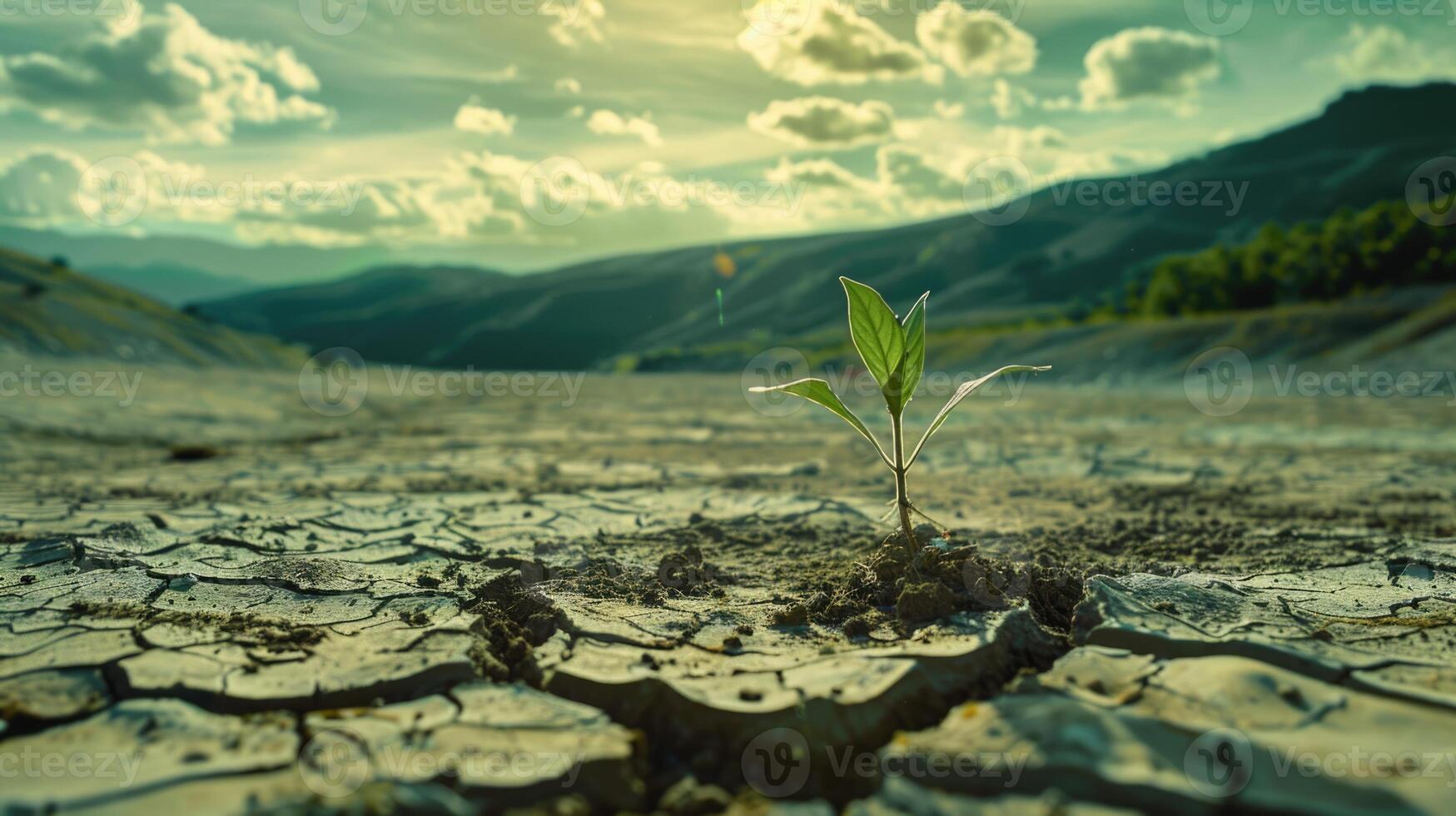 Plant in cracked mud with mountain and sky background. photo