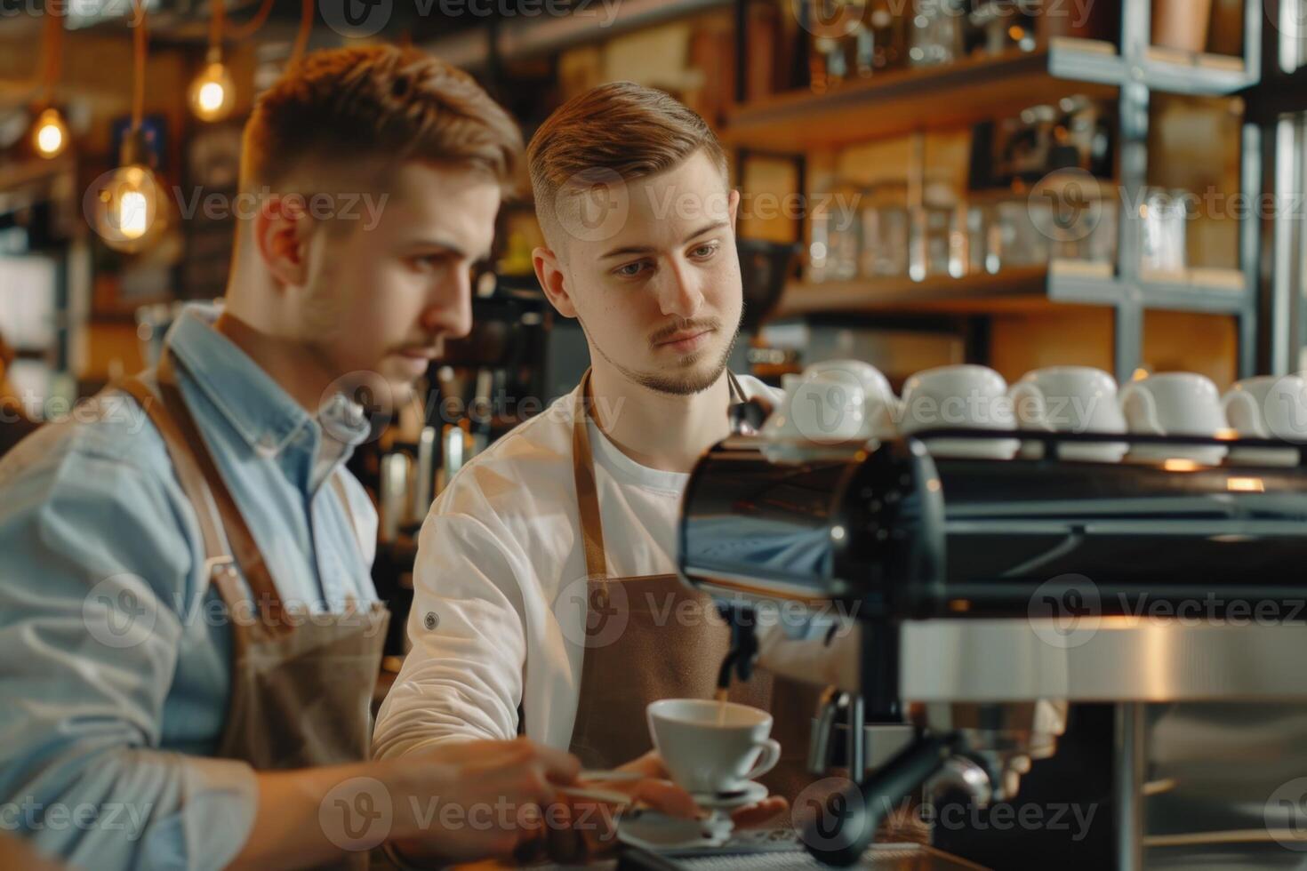 Professional barista teaches young man how to make coffee. photo