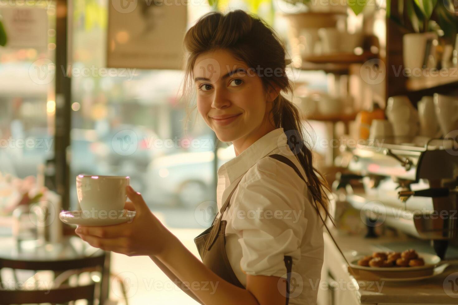 young waitress serving coffee at cafe photo