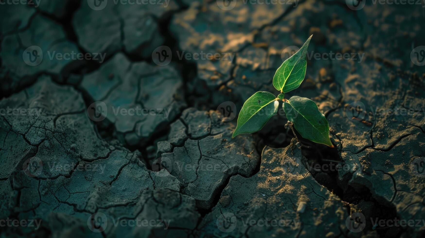 green leave in dried cracked mud photo
