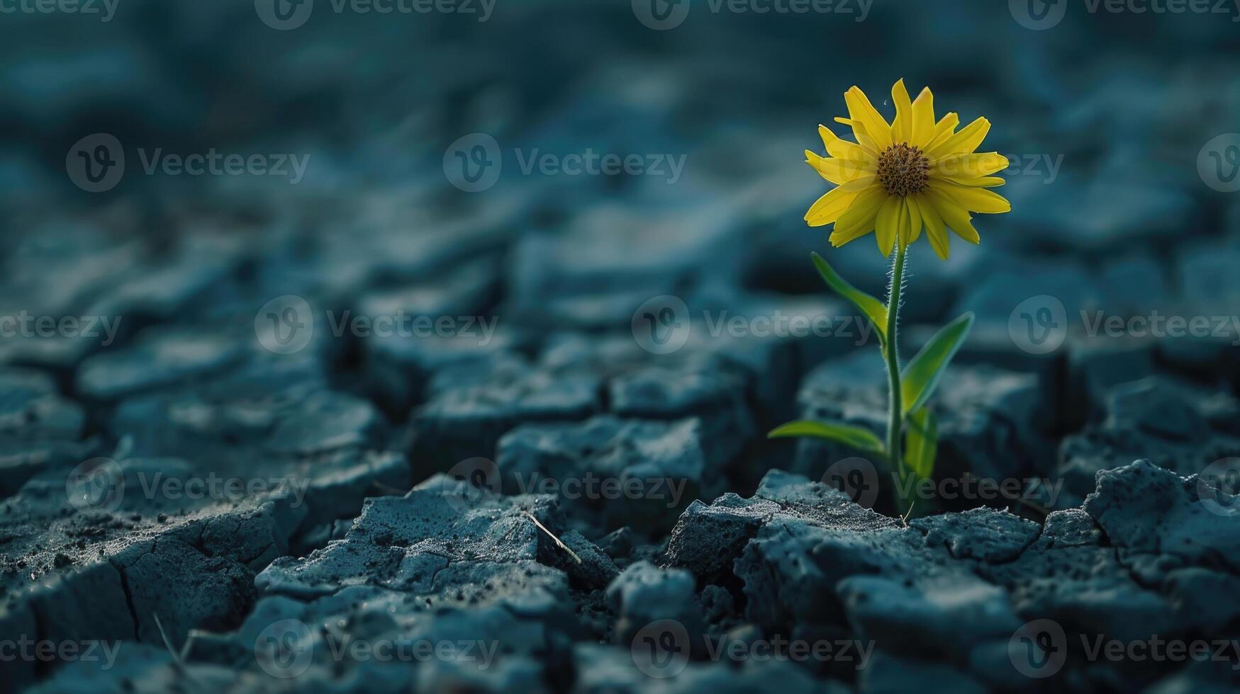 amarillo flor. creciente desde el agrietado suelo foto